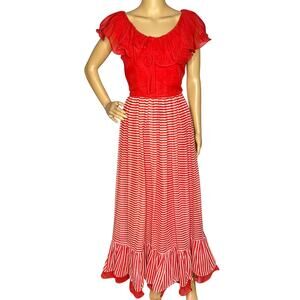 Miss Elliette Red White Striped Ruffled Maxi Dress Vintage 1960s Gown.